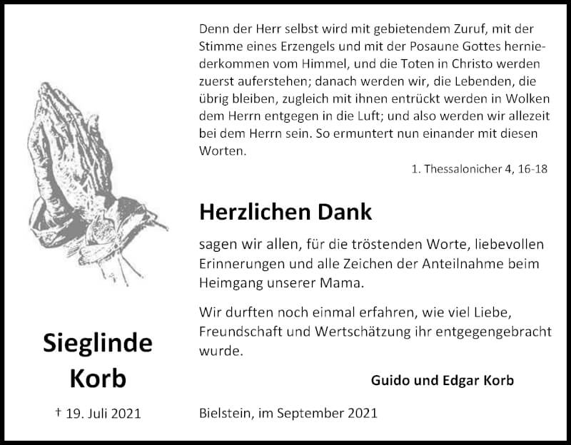  Traueranzeige für Sieglinde Korb vom 18.09.2021 aus Kölner Stadt-Anzeiger / Kölnische Rundschau / Express