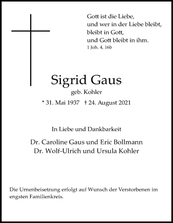 Anzeige von Sigrid Gaus von Kölner Stadt-Anzeiger / Kölnische Rundschau / Express