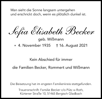 Anzeige von Sofia Elisabeth Becker von Kölner Stadt-Anzeiger / Kölnische Rundschau / Express