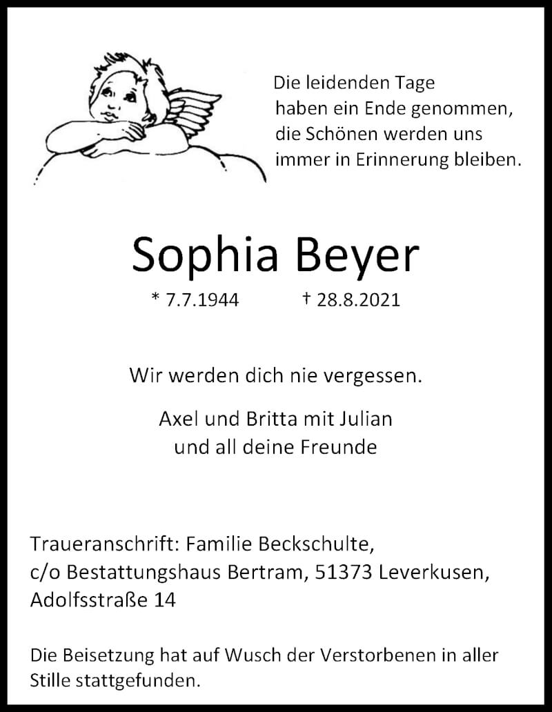  Traueranzeige für Sophia Beyer vom 18.09.2021 aus Kölner Stadt-Anzeiger / Kölnische Rundschau / Express