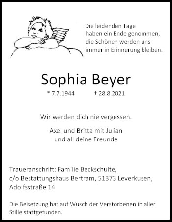Anzeige von Sophia Beyer von Kölner Stadt-Anzeiger / Kölnische Rundschau / Express