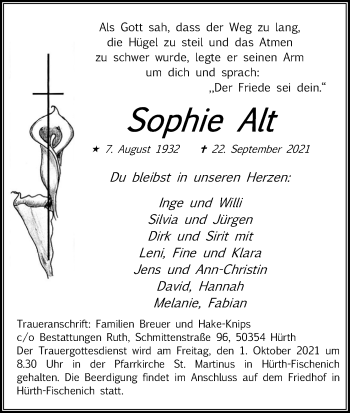 Anzeige von Sophie Alt von Kölner Stadt-Anzeiger / Kölnische Rundschau / Express