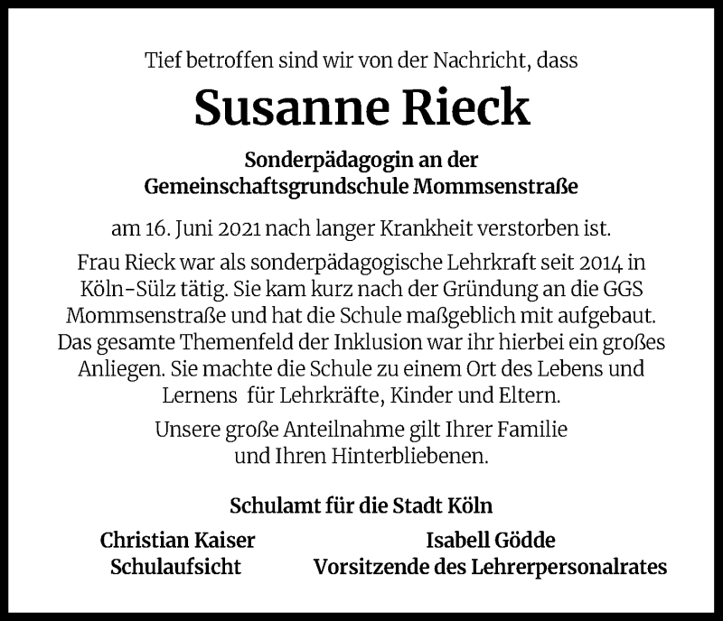  Traueranzeige für Susanne Rieck vom 13.09.2021 aus Kölner Stadt-Anzeiger / Kölnische Rundschau / Express