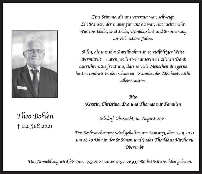  Traueranzeige für Theo Bohlen vom 03.09.2021 aus  Werbepost 
