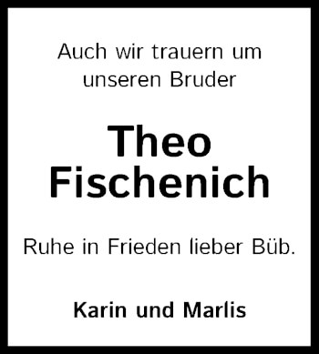 Anzeige von Theo Fischenich von Kölner Stadt-Anzeiger / Kölnische Rundschau / Express