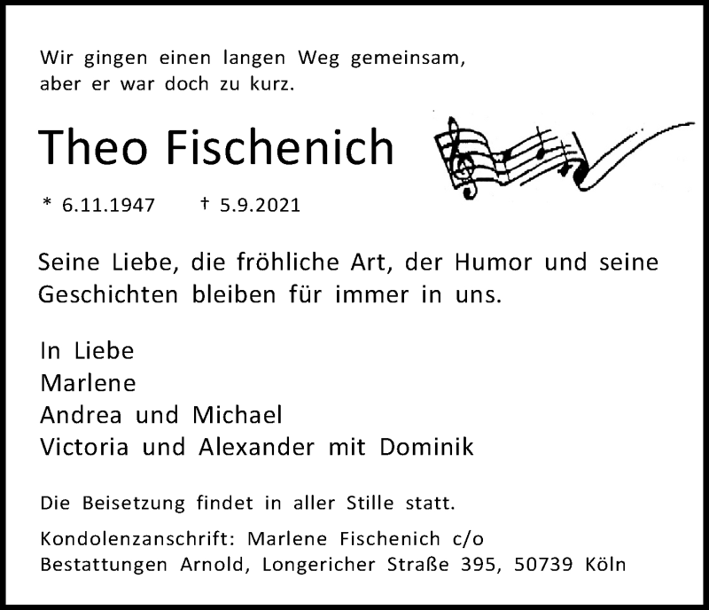  Traueranzeige für Theo Fischenich vom 11.09.2021 aus Kölner Stadt-Anzeiger / Kölnische Rundschau / Express