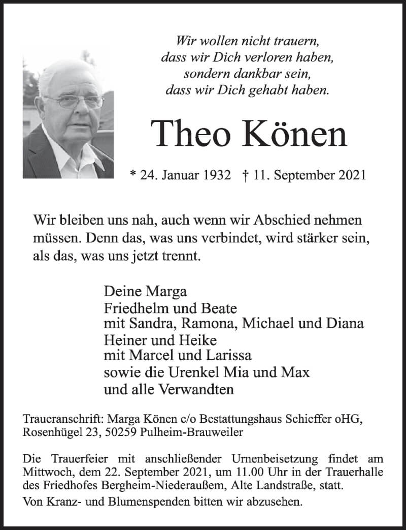  Traueranzeige für Theo Könen vom 17.09.2021 aus  Werbepost 