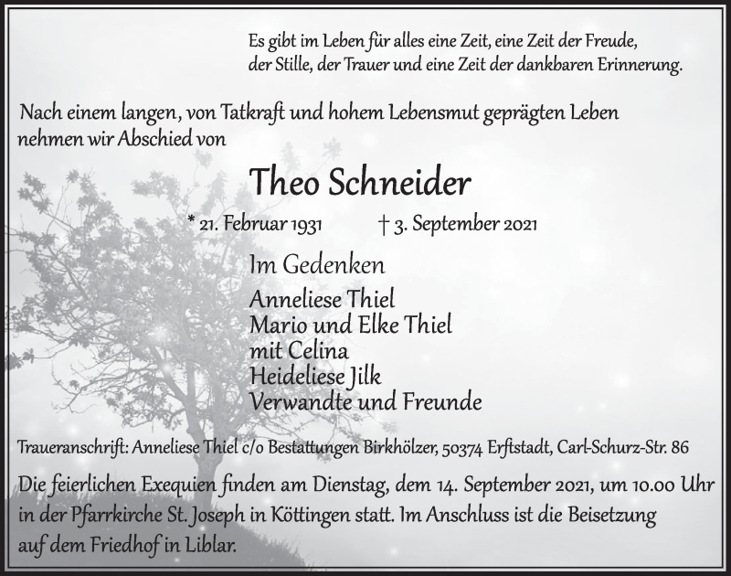  Traueranzeige für Theo Schneider vom 10.09.2021 aus  Werbepost 