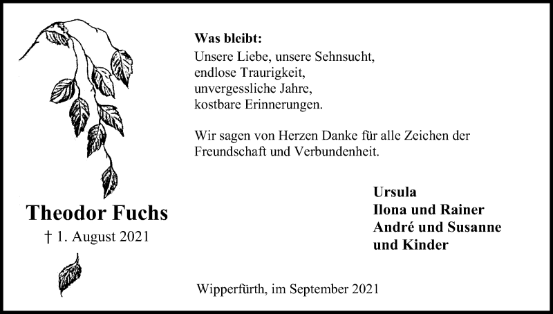  Traueranzeige für Theodor Fuchs vom 11.09.2021 aus Kölner Stadt-Anzeiger / Kölnische Rundschau / Express