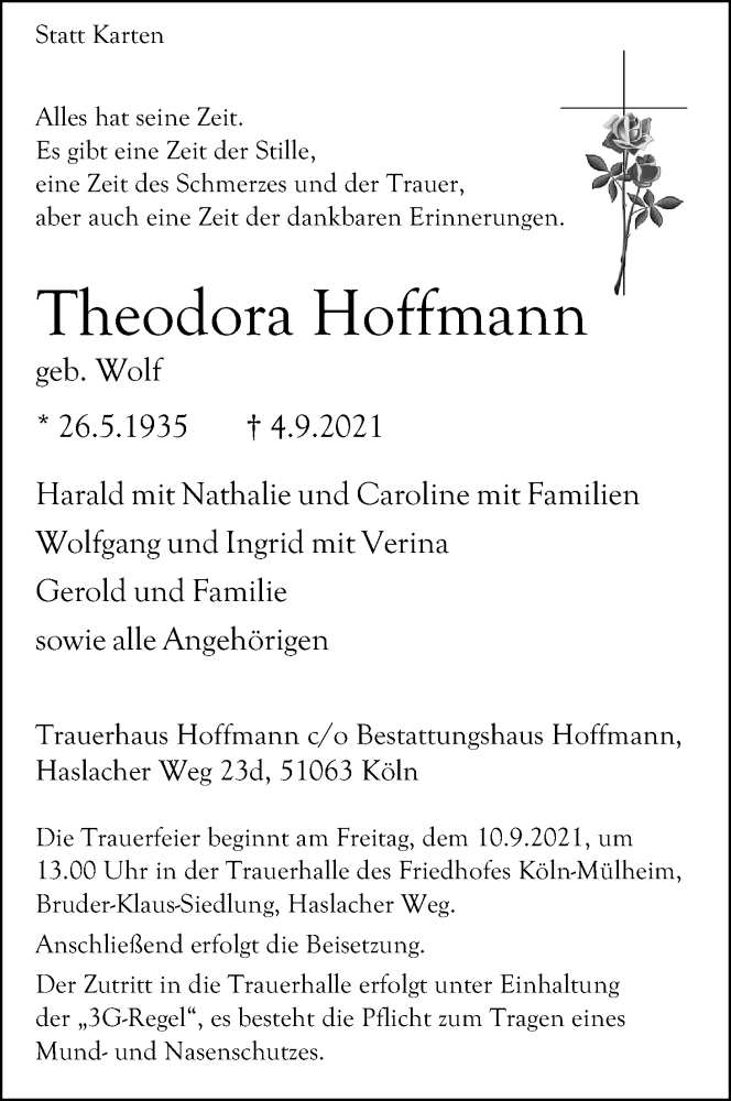  Traueranzeige für Theodora Hoffmann vom 08.09.2021 aus Kölner Stadt-Anzeiger / Kölnische Rundschau / Express