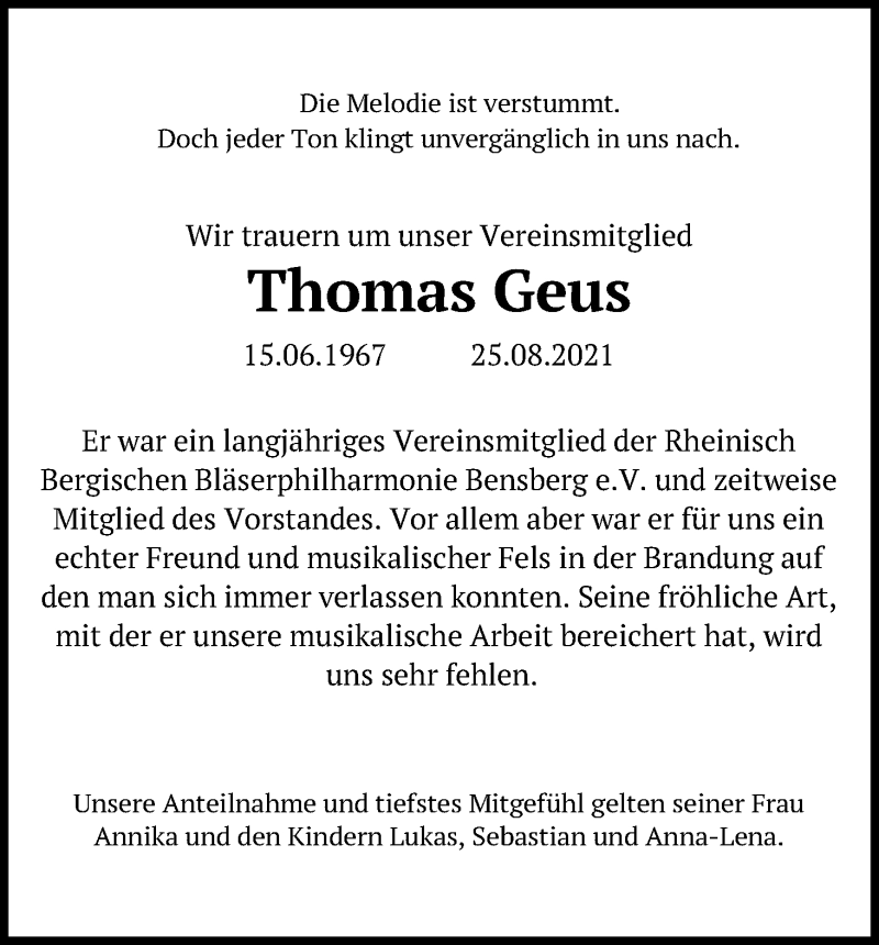  Traueranzeige für Thomas Geus vom 07.09.2021 aus Kölner Stadt-Anzeiger / Kölnische Rundschau / Express
