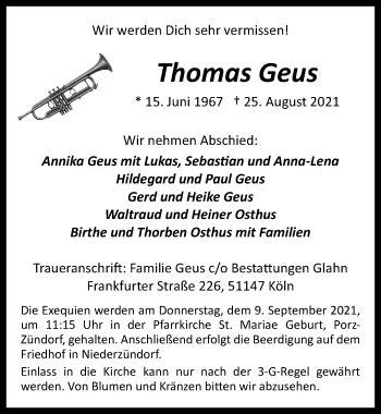 Anzeige von Thomas Geus von  Kölner Wochenspiegel 