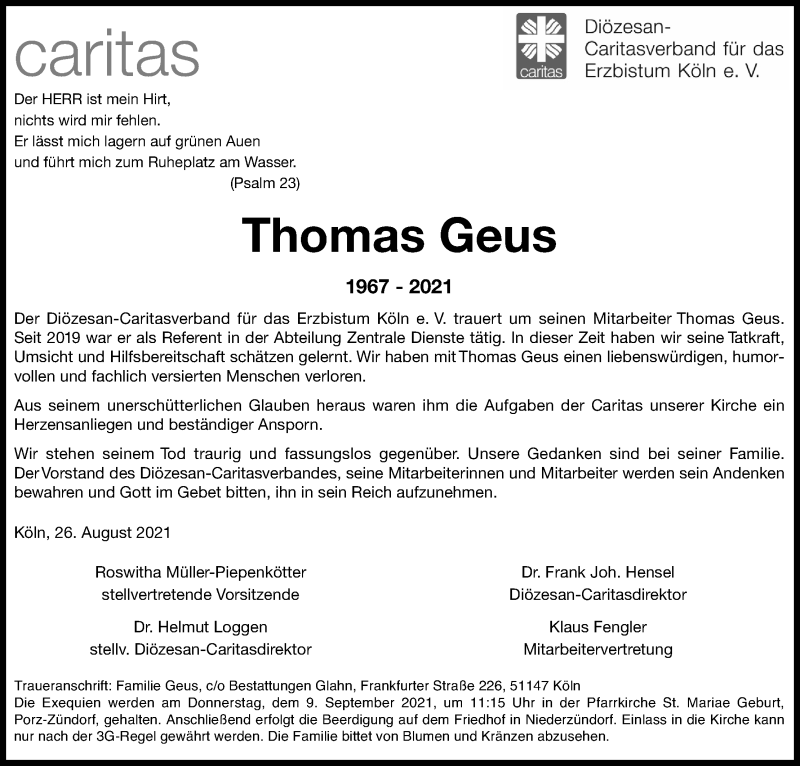  Traueranzeige für Thomas Geus vom 04.09.2021 aus Kölner Stadt-Anzeiger / Kölnische Rundschau / Express