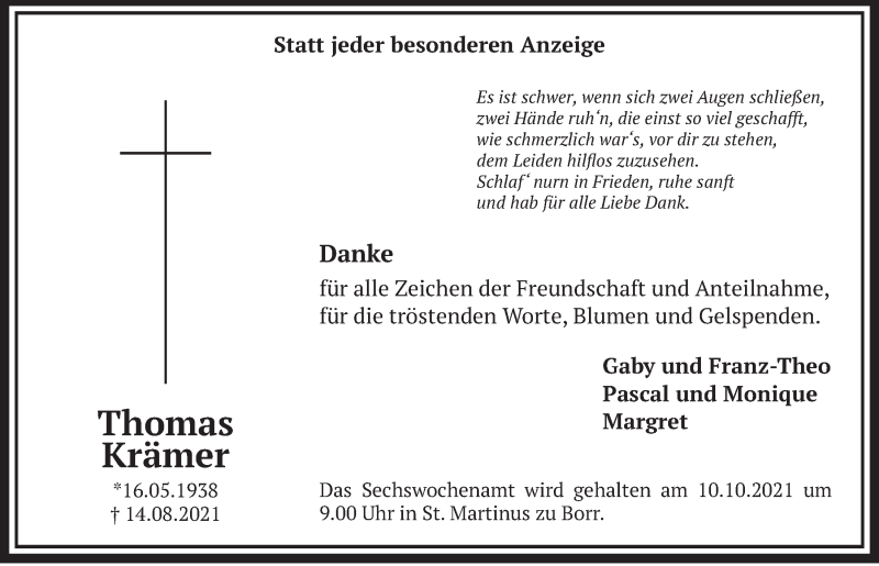  Traueranzeige für Thomas Krämer vom 01.10.2021 aus  Werbepost 