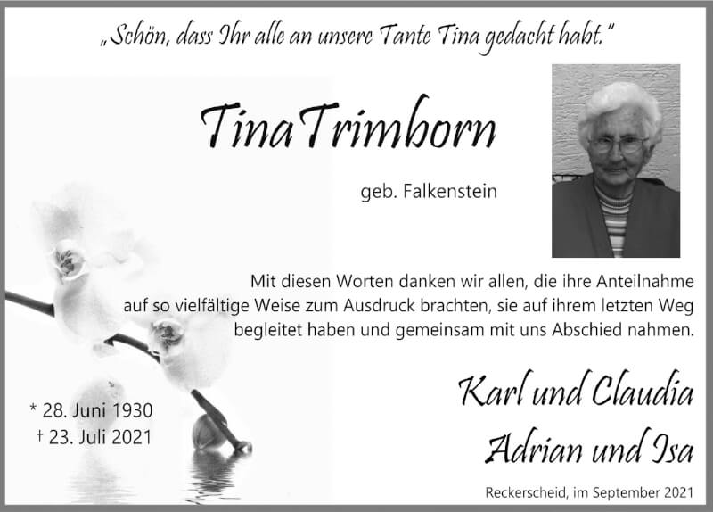  Traueranzeige für Tina Trimborn vom 18.09.2021 aus  Blickpunkt Euskirchen 