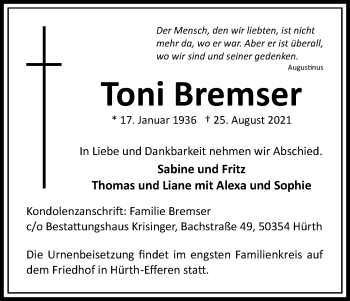 Anzeige von Toni Bremser von Kölner Stadt-Anzeiger / Kölnische Rundschau / Express