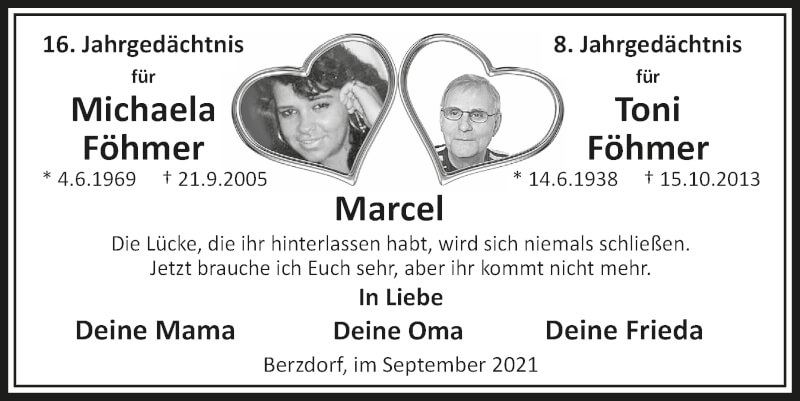  Traueranzeige für Toni Föhmer vom 17.09.2021 aus  Schlossbote/Werbekurier 