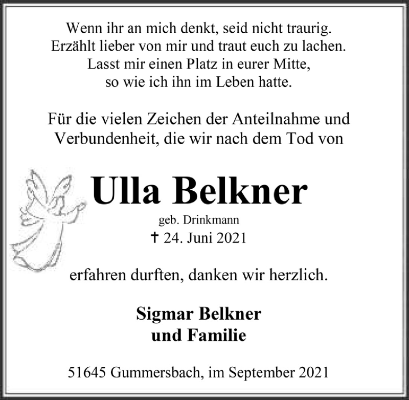  Traueranzeige für Ulla Belkner vom 03.09.2021 aus  Anzeigen Echo 