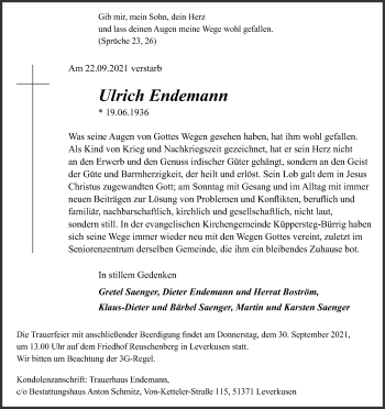 Anzeige von Ulrich Endemann von Kölner Stadt-Anzeiger / Kölnische Rundschau / Express
