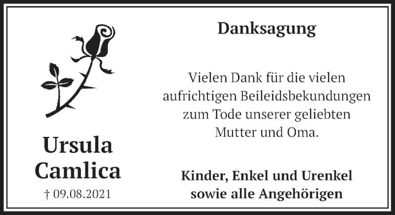  Traueranzeige für Ursula Camlica vom 17.09.2021 aus  Werbepost 