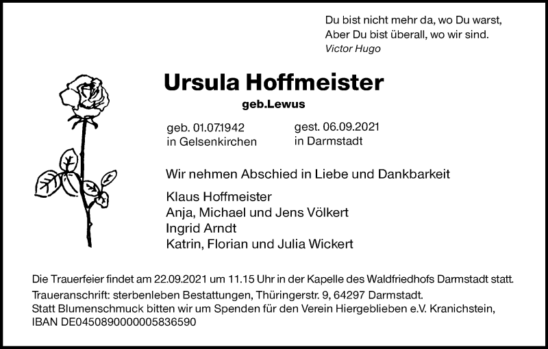  Traueranzeige für Ursula Hoffmeister vom 15.09.2021 aus Kölner Stadt-Anzeiger / Kölnische Rundschau / Express
