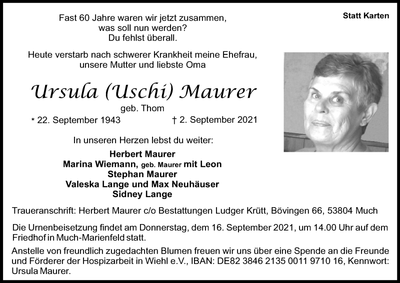  Traueranzeige für Ursula Maurer vom 11.09.2021 aus Kölner Stadt-Anzeiger / Kölnische Rundschau / Express
