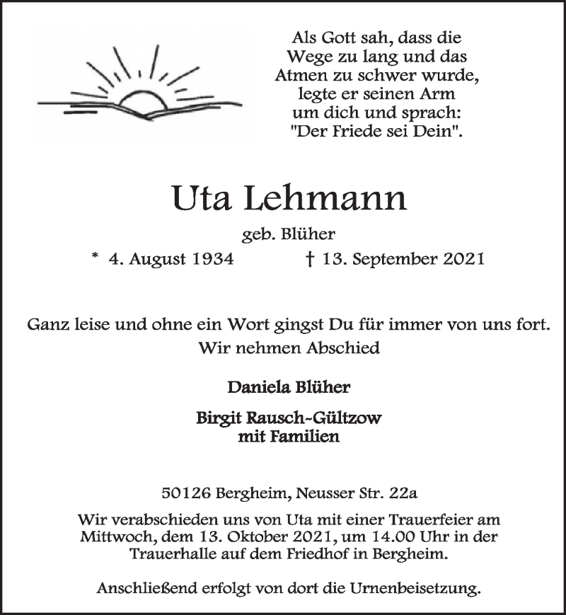  Traueranzeige für Uta Lehmann vom 24.09.2021 aus  Werbepost 