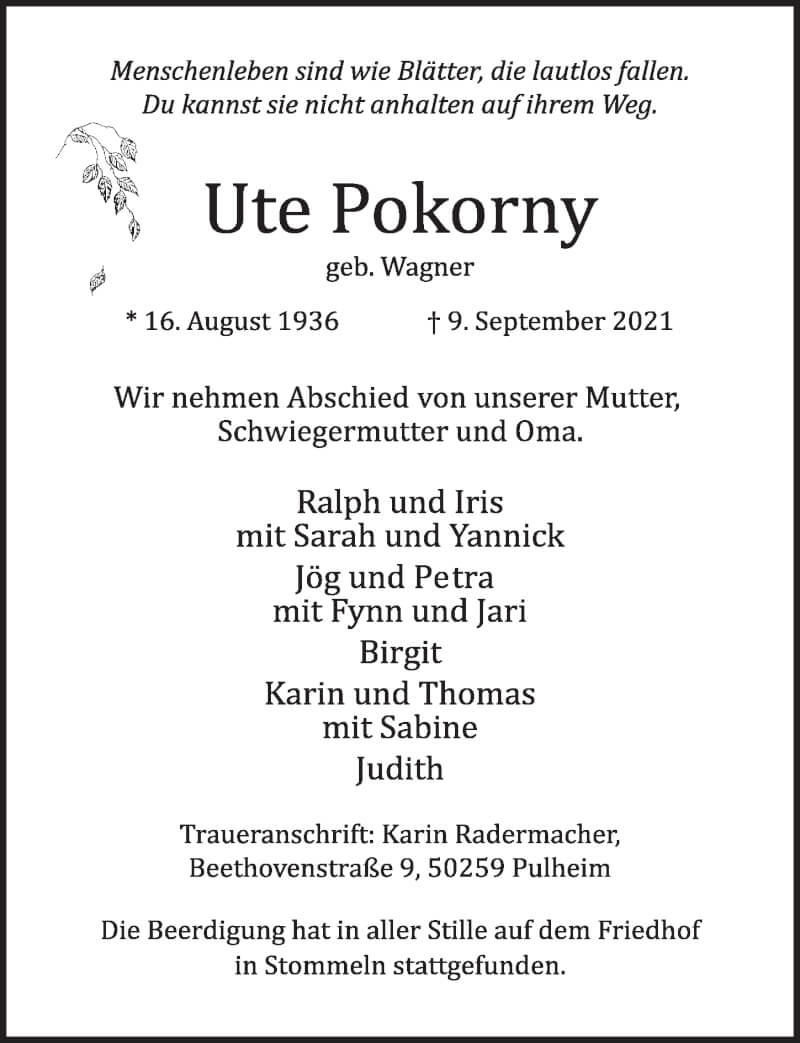  Traueranzeige für Ute Pokorny vom 17.09.2021 aus  Wochenende 