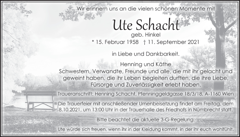  Traueranzeige für Ute Schacht vom 24.09.2021 aus  Lokalanzeiger 
