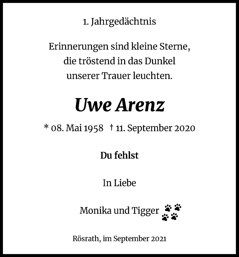  Traueranzeige für Uwe Arenz vom 11.09.2021 aus Kölner Stadt-Anzeiger / Kölnische Rundschau / Express