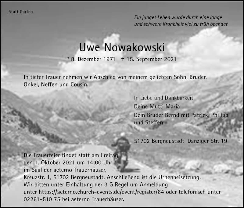  Traueranzeige für Uwe  Nowakowski vom 25.09.2021 aus Kölner Stadt-Anzeiger / Kölnische Rundschau / Express