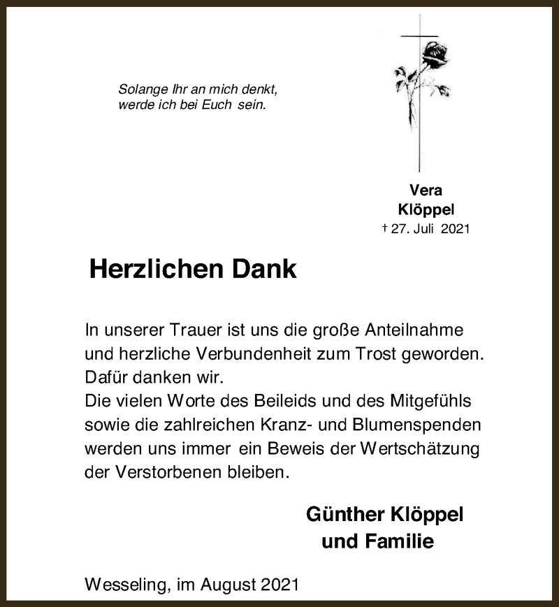  Traueranzeige für Vera Klöppel vom 03.09.2021 aus  Schlossbote/Werbekurier 
