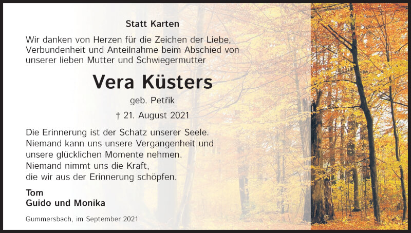  Traueranzeige für Vera Küsters vom 18.09.2021 aus Kölner Stadt-Anzeiger / Kölnische Rundschau / Express