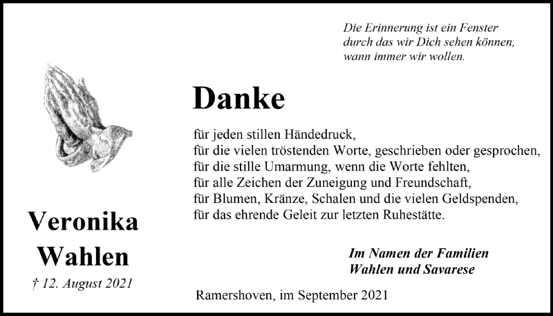  Traueranzeige für Veronika Wahlen vom 24.09.2021 aus  Schaufenster/Blickpunkt 