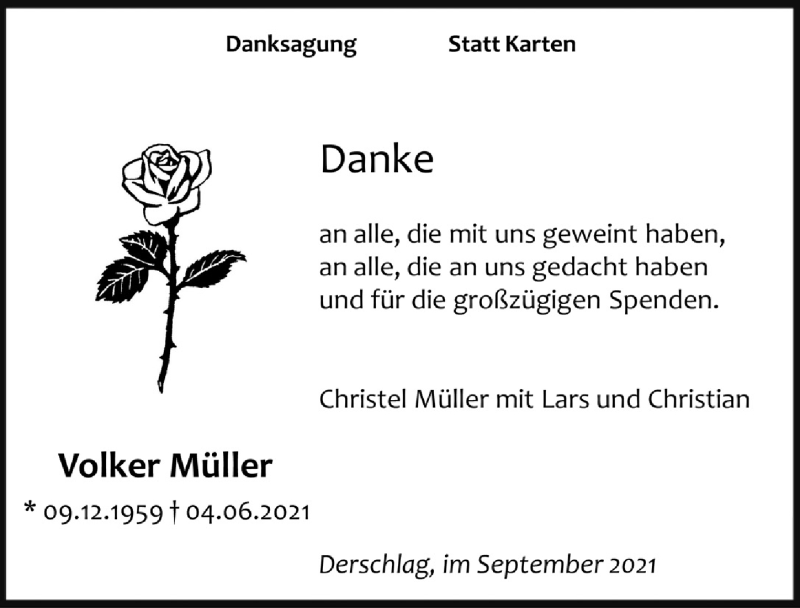  Traueranzeige für Volker Müller vom 03.09.2021 aus  Anzeigen Echo 