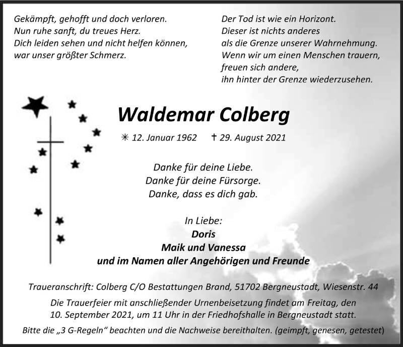  Traueranzeige für Waldemar Colberg vom 03.09.2021 aus  Anzeigen Echo 