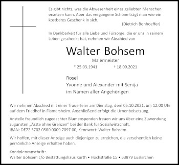 Anzeige von Walter Bohsem von Kölner Stadt-Anzeiger / Kölnische Rundschau / Express