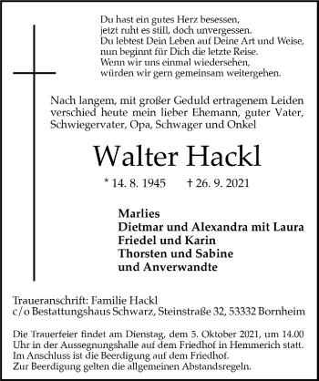 Anzeige von Walter Hackl von  Schaufenster/Blickpunkt 