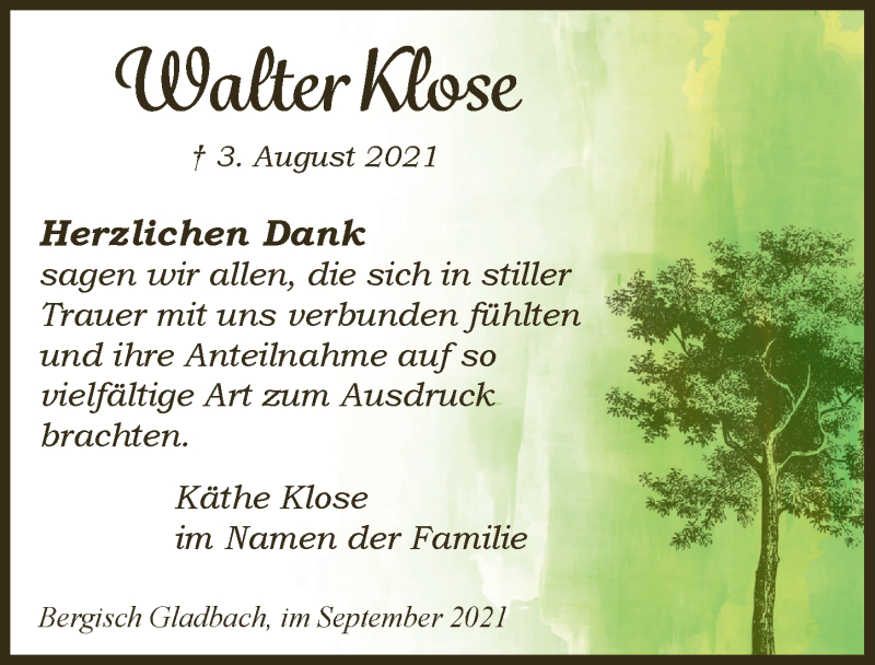  Traueranzeige für Walter Klose vom 10.09.2021 aus  Bergisches Handelsblatt 