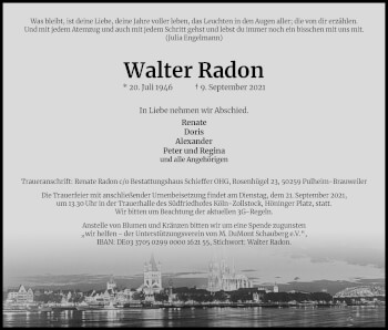 Anzeige von Walter Radon von Kölner Stadt-Anzeiger / Kölnische Rundschau / Express