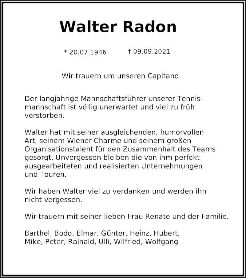  Traueranzeige für Walter Radon vom 18.09.2021 aus Kölner Stadt-Anzeiger / Kölnische Rundschau / Express