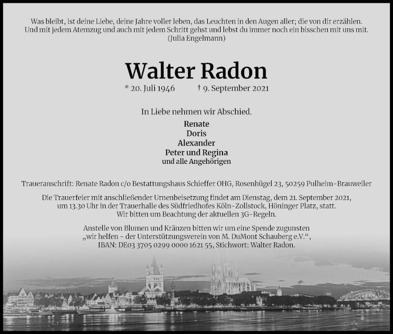  Traueranzeige für Walter Radon vom 18.09.2021 aus Kölner Stadt-Anzeiger / Kölnische Rundschau / Express