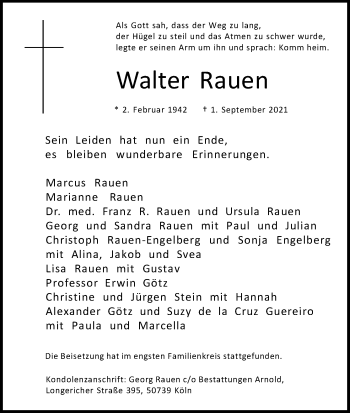 Anzeige von Walter Rauen von Kölner Stadt-Anzeiger / Kölnische Rundschau / Express