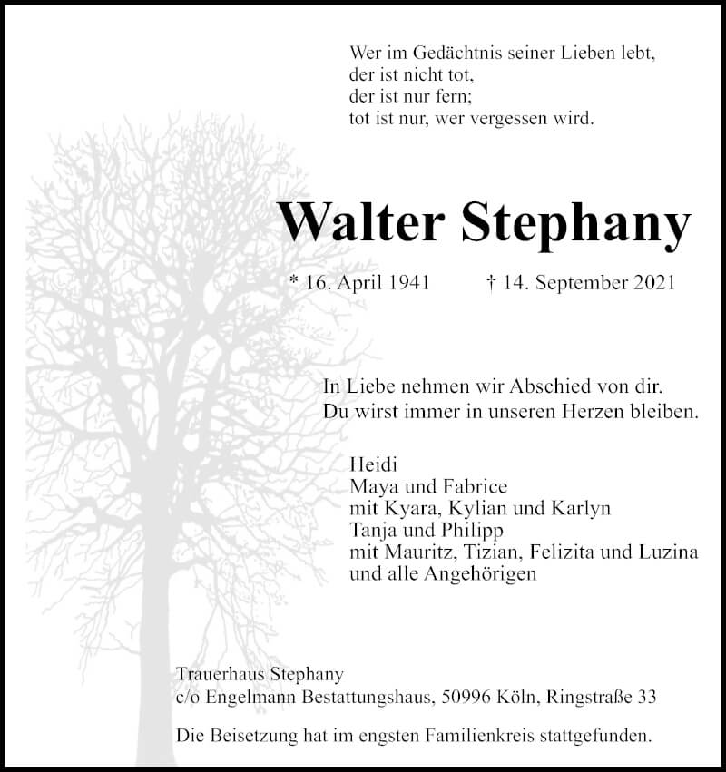  Traueranzeige für Walter Stephany vom 25.09.2021 aus Kölner Stadt-Anzeiger / Kölnische Rundschau / Express