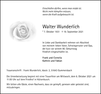 Anzeige von Walter Wunderlich von  Anzeigen Echo 