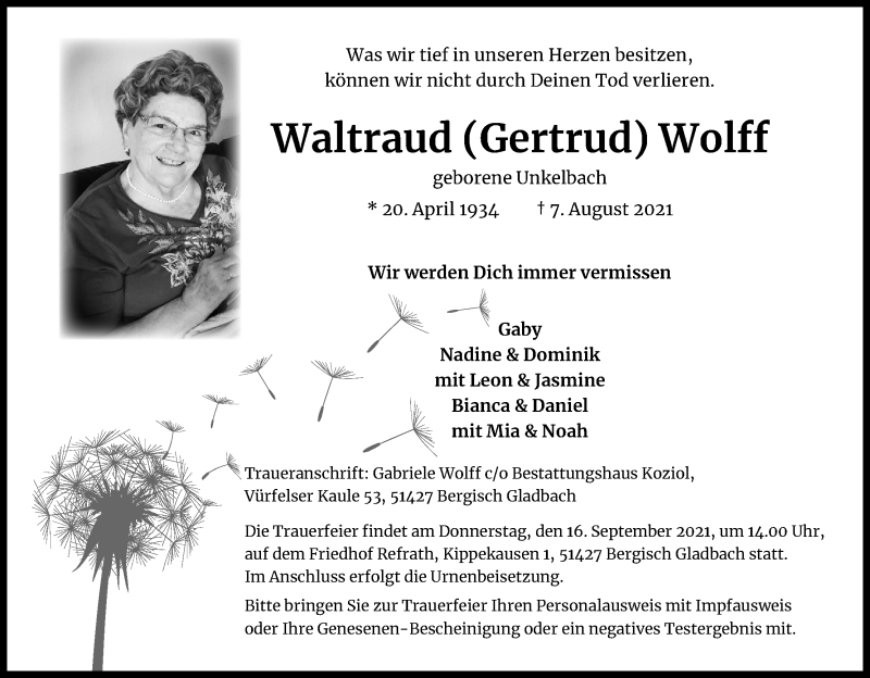  Traueranzeige für Waltraud  Wolff vom 04.09.2021 aus Kölner Stadt-Anzeiger / Kölnische Rundschau / Express