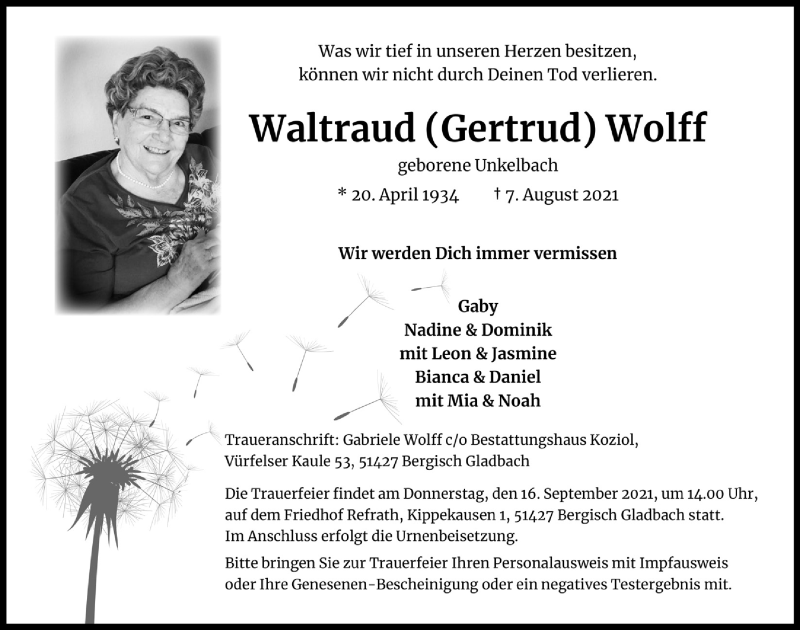  Traueranzeige für Waltraud  Wolff vom 03.09.2021 aus  Bergisches Handelsblatt 