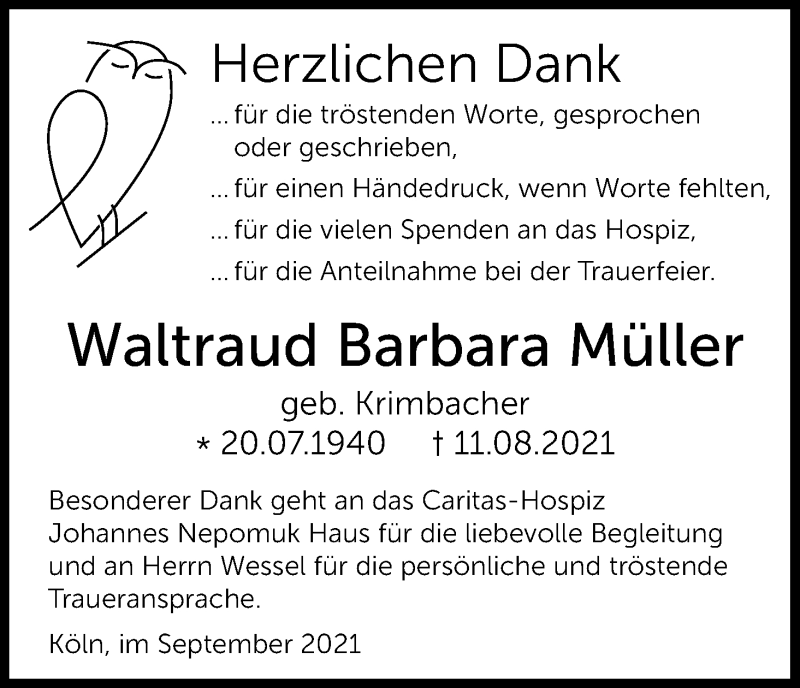  Traueranzeige für Waltraud Barbara Müller vom 11.09.2021 aus Kölner Stadt-Anzeiger / Kölnische Rundschau / Express
