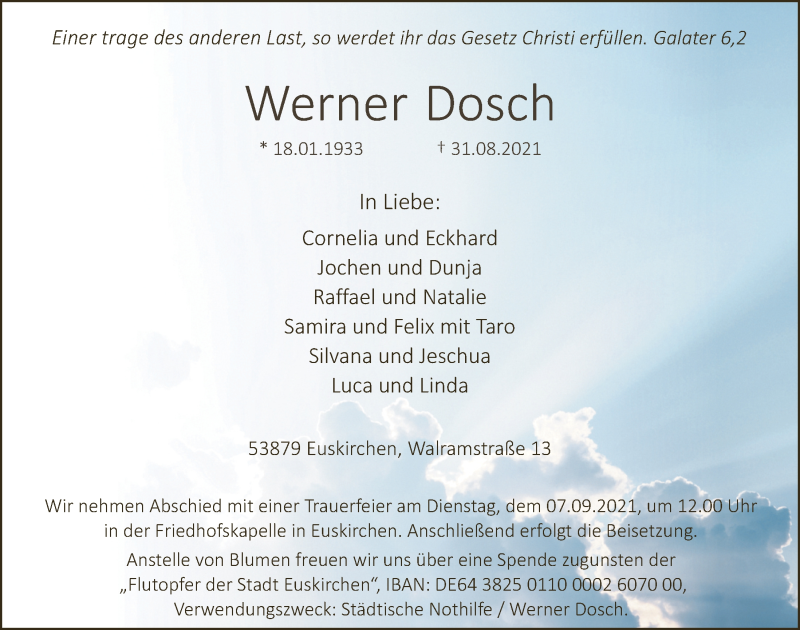  Traueranzeige für Werner Dosch vom 04.09.2021 aus  Blickpunkt Euskirchen 