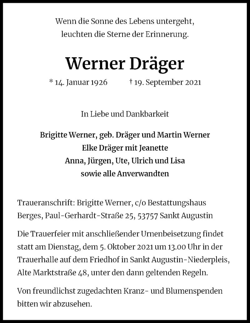  Traueranzeige für Werner Dräger vom 25.09.2021 aus Kölner Stadt-Anzeiger / Kölnische Rundschau / Express